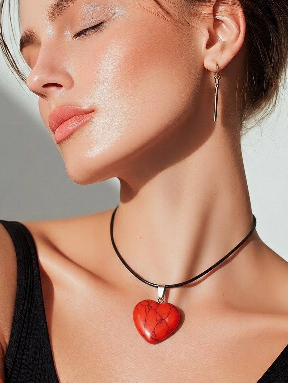 Red Turquoise Polished Heart Pendant Necklace Adjustable Wax Cord Crystal Boho